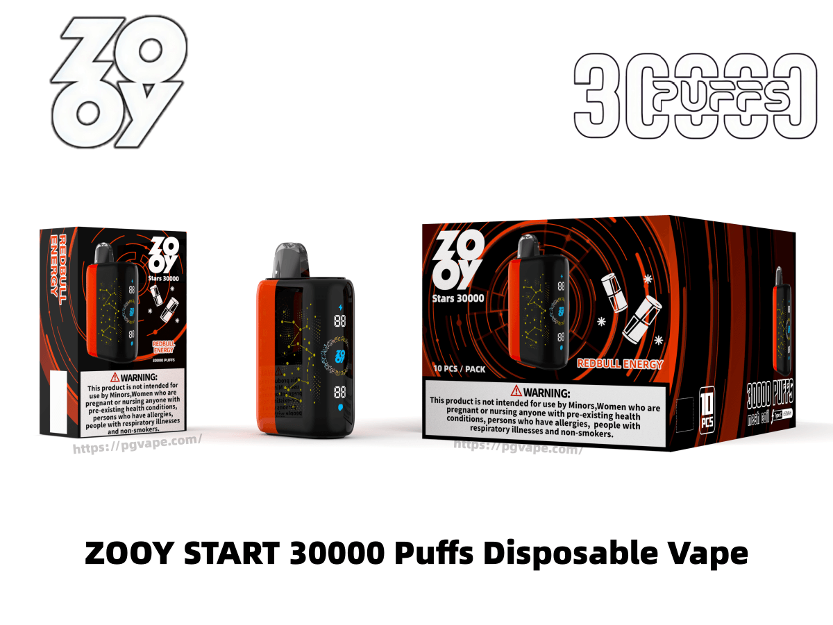 Imagen de producto de tres vistas del vaporizador desechable ZOOY START 30000 Puffs, un dispositivo negro y naranja con una pequeña pantalla digital, que se muestra junto con su caja minorista única y una caja más grande de 10 paquetes con gráficos con temas energéticos en rojo y negro y una etiqueta de advertencia visible.