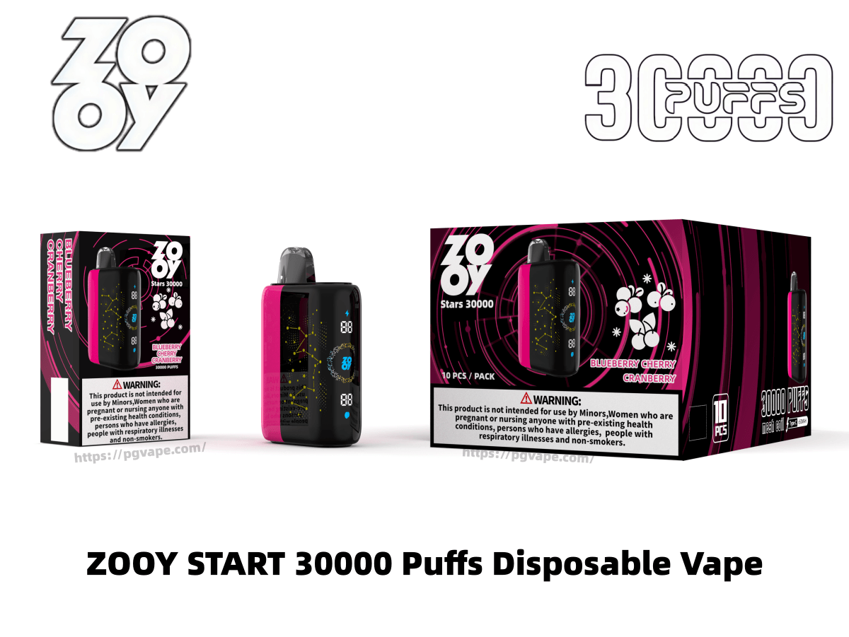 El dispositivo de vapeo desechable ZOOY Stars 30000, negro y rosa, se muestra con su caja única y un paquete más grande de 10, ambos con gráficos circulares en forma de remolino rosa, texto de sabor Blueberry Cherry Cranberry, etiquetas de advertencia visibles y logotipos de la marca.