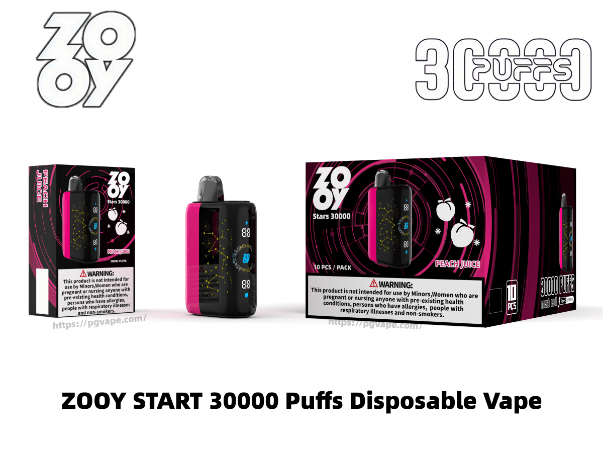 Exhibición del producto que muestra un dispositivo de vapeo desechable ZOOY START de color rosa y negro con dos cajas a juego etiquetadas como Stars 30000 y Peach Juice, logotipos estilizados de ZOOY y 30000 inhalaciones y una etiqueta de advertencia visible.