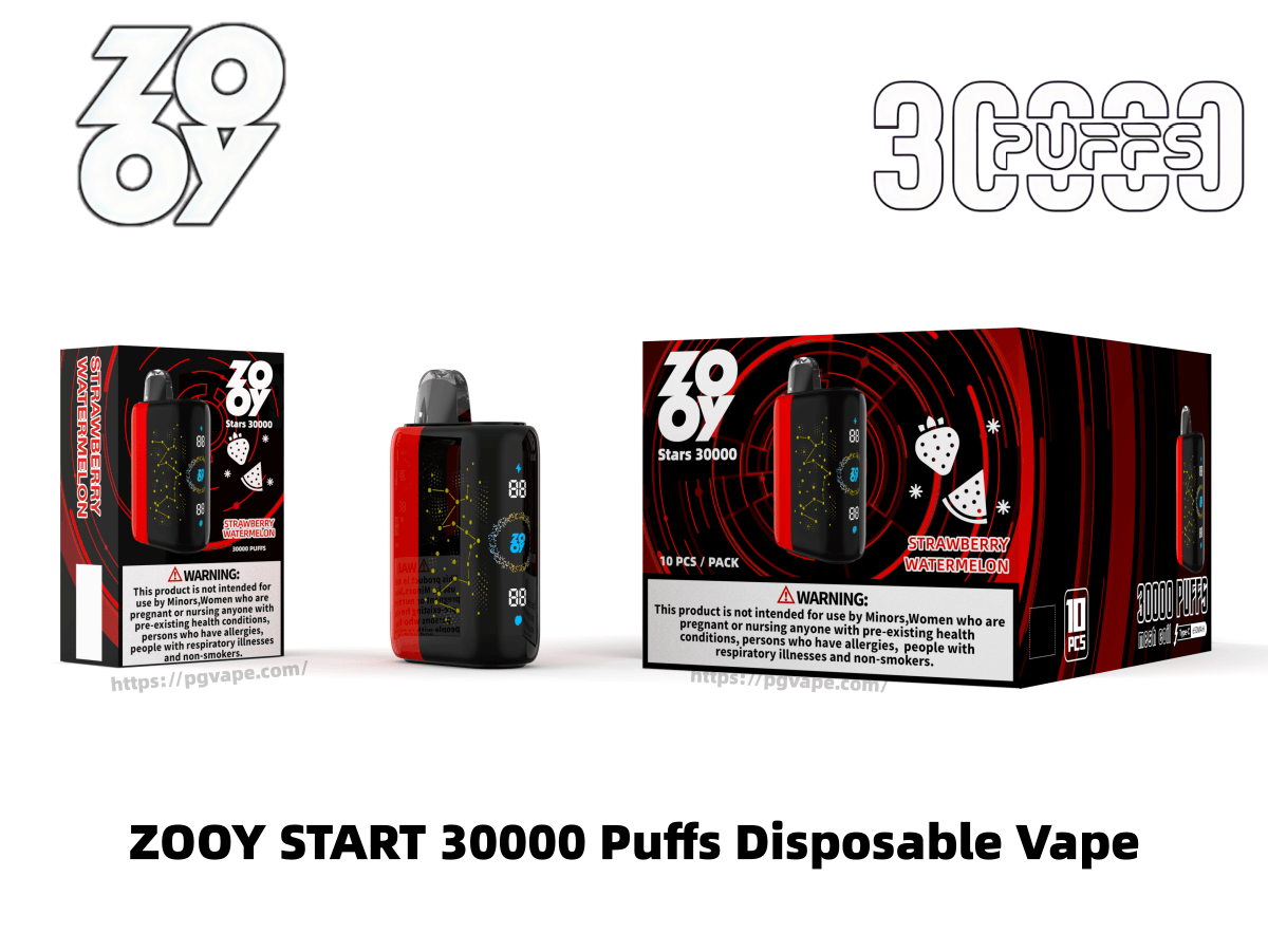 Tres vistas de un vaporizador desechable ZOOY Stars 30000 y su empaque: un dispositivo rectangular rojo y negro con una pantalla digital se muestra al lado de una caja de una sola unidad y una caja minorista más grande de 10 paquetes con la etiqueta Strawberry Watermelon y 30000 inhalaciones, con logotipos de la marca y texto de advertencia visibles.