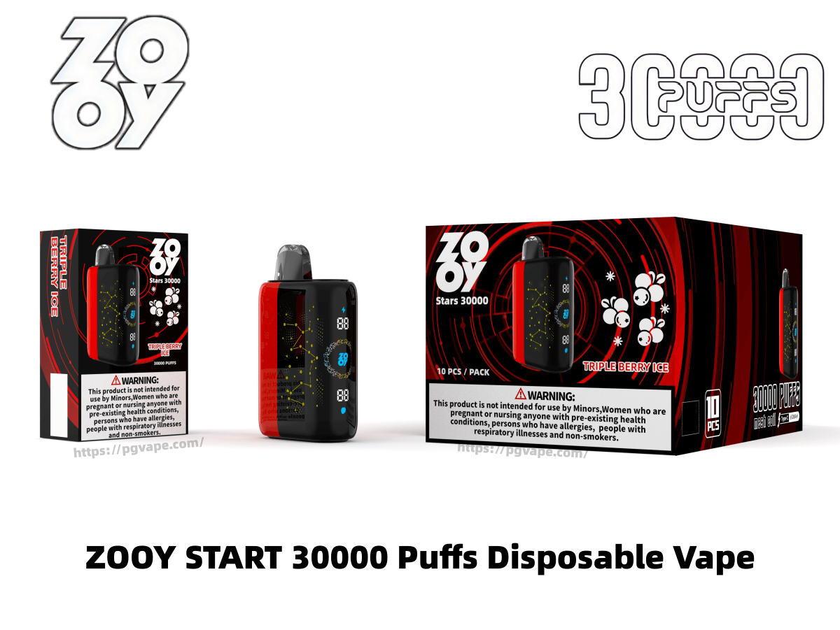 Dispositivo de vapeo desechable ZOOY Stars 30000, negro y rojo, con una pantalla digital que se muestra entre una caja de un solo paquete y una caja minorista más grande de 10 paquetes con la etiqueta Triple Berry Ice y 30000 inhalaciones, con logotipos de la marca y una advertencia de salud visible.