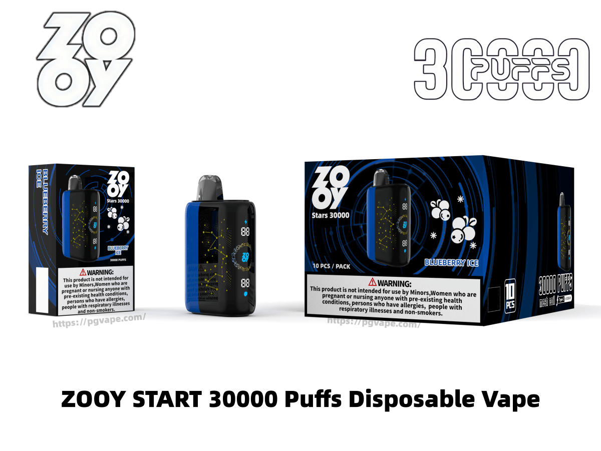 Vaporizador desechable ZOOY Start 30000 Puffs en sabor Blueberry Ice, que muestra un dispositivo negro y azul y cajas minoristas a juego con logotipos de la marca y etiquetas de advertencia prominentes sobre un fondo blanco.