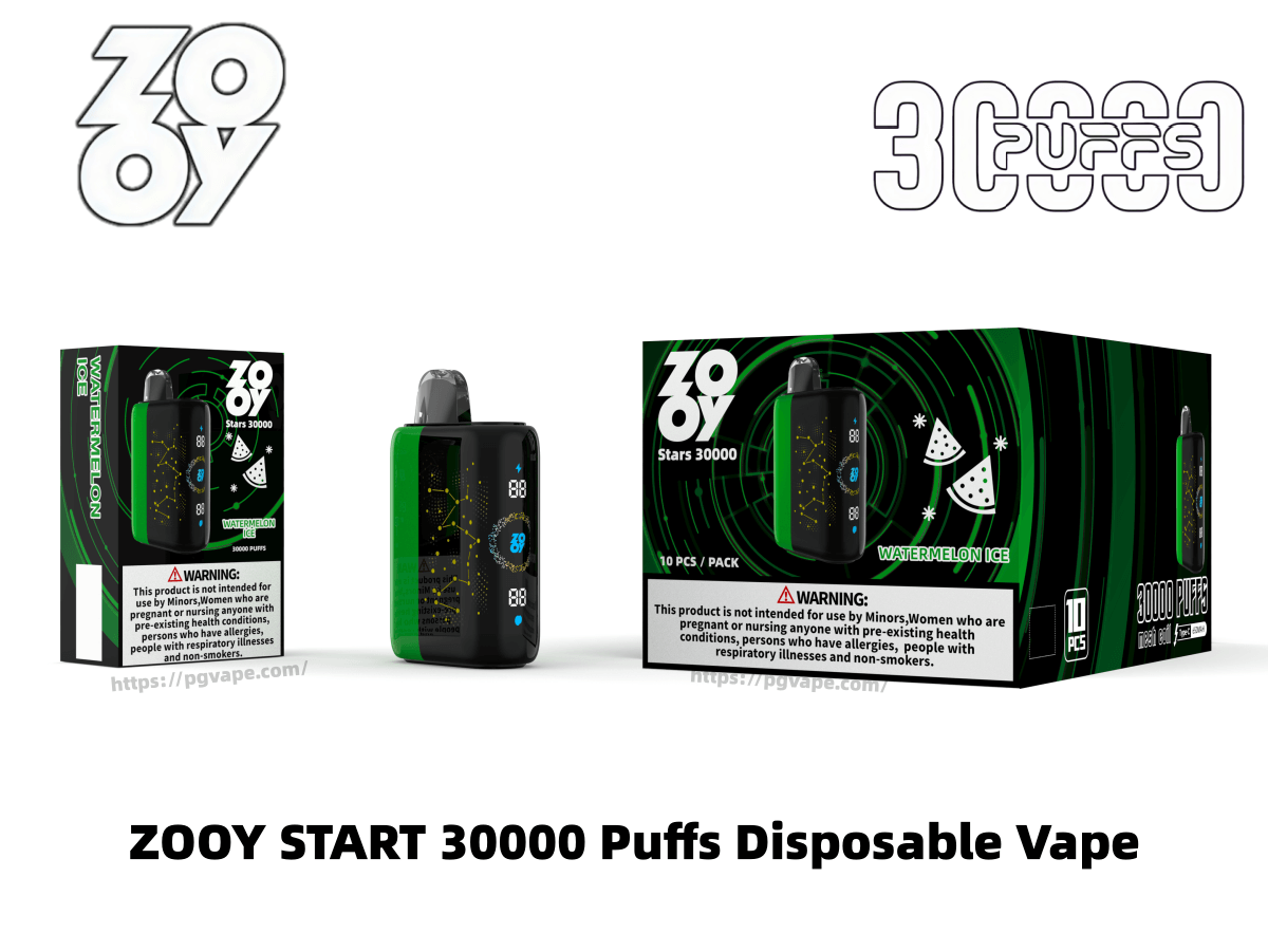 Imagen del producto del vaporizador desechable ZOOY START 30000 Puffs en Watermelon Ice que muestra un dispositivo de vapeo rectangular negro y verde con pantalla LED, su única caja minorista y un paquete de 10 con gráficos de remolinos verdes a juego, logotipos de la marca y una advertencia de salud visible.