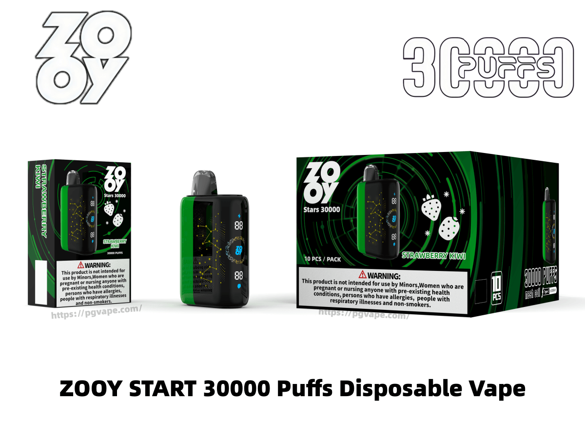 Tres vistas del producto de un vaporizador desechable Zooy Start: un dispositivo negro y verde con un contador de caladas digital y un empaque a juego con 30000 caladas y sabor a fresa y kiwi, que se muestra junto con una caja de 10 paquetes y una etiqueta de advertencia visible.