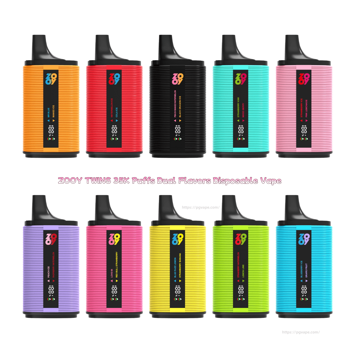 Two rows of five colorful Zooy Twins 35K puffs dual-flavor disposable vape devices with ribbed bodies and black mouthpieces, each showing a vertical black brand panel and digital display against a white background.