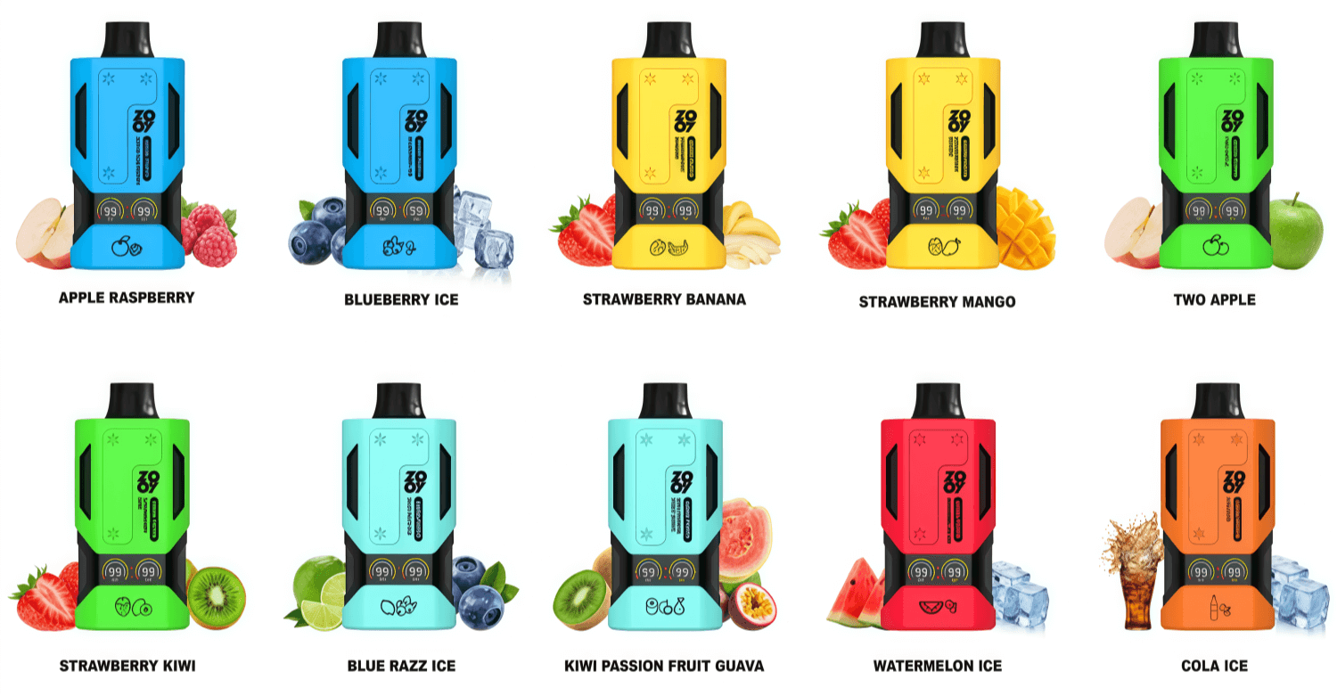 Dix appareils de vape jetables colorés disposés sur deux rangées, chacun associé à des graphismes de fruits ou de glace et étiquetés avec des saveurs telles que pomme framboise, glace myrtille, fraise banane, fraise mangue, deux pommes, fraise kiwi, glace Blue Razz, kiwi fruit de la passion goyave, glace à la pastèque et glace au cola.