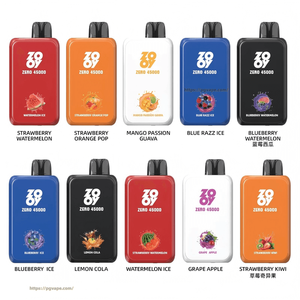 Ten colorful rectangular disposable vape devices arranged in two rows, each with a black mouthpiece, large ZERO 45000 logo and small flavor artwork and labels including Strawberry Watermelon, Strawberry Orange Pop, Mango Passion Guava, Blue Razz Ice, Blueberry Watermelon, Blueberry Ice, Lemon Cola, Watermelon Ice, Grape Apple, and Strawberry Kiwi.