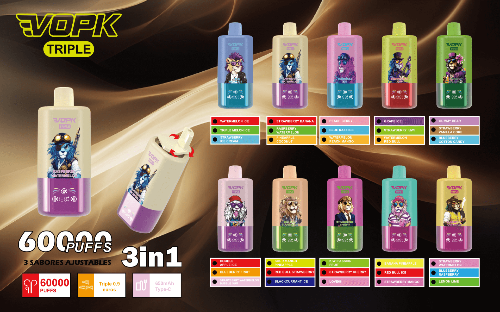 Array of colorful VOPK TRIPLE disposable vape devices featuring illustrated animal mascots, flavor swatches and labels, a prominent “60000 puffs” and “3in1” adjustable-flavor callout set against a flowing bronze background.