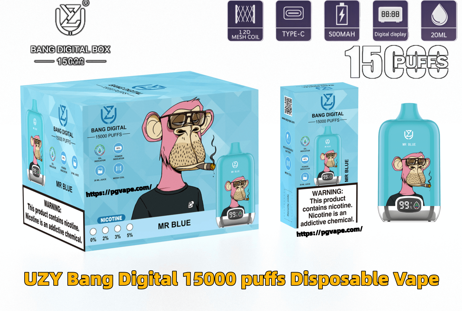 Turquoise retail box and matching disposable vape labeled “MR BLUE” featuring a smoking cartoon monkey and bold “UZY Bang Digital 15000 puffs” branding, with icons for mesh coil, Type‑C charging, digital display and 20ml, plus nicotine warning labels and a small digital charge/readout on the device.