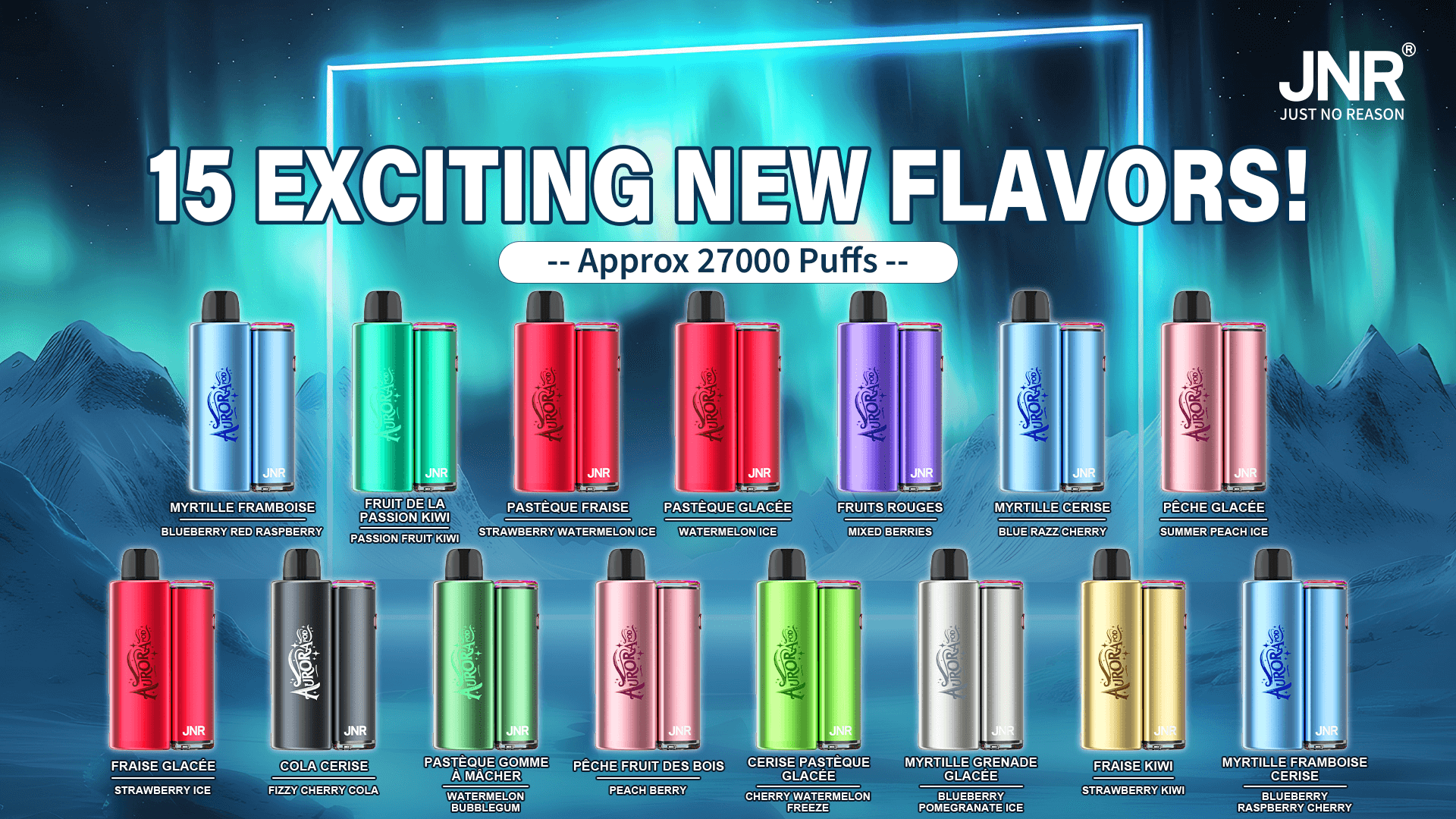 Promotional banner for JNR showing a colorful lineup of 15 metallic disposable vape devices arranged in rows against an aurora-like mountain background, with a bold headline '15 EXCITING NEW FLAVORS!', a note 'Approx 27000 Puffs', and flavor names below each device.