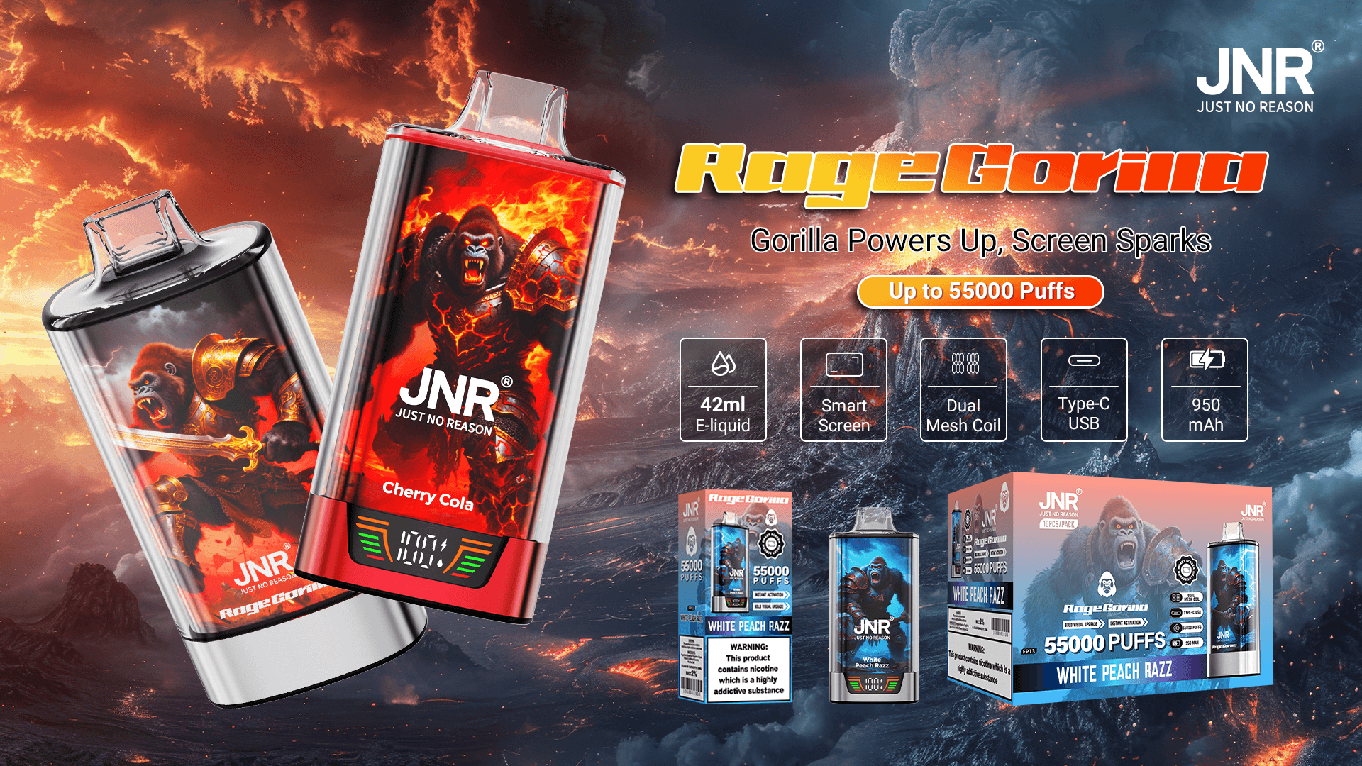 Bold advertisement showing two JNR "RageGorilla" disposable vape devices decorated with fiery armored gorilla artwork, one labeled Cherry Cola, alongside product boxes and icons listing features — up to 55,000 puffs, 42 ml e-liquid, smart screen, dual mesh coil, Type‑C USB, and 950 mAh — set against a dramatic volcanic sky.