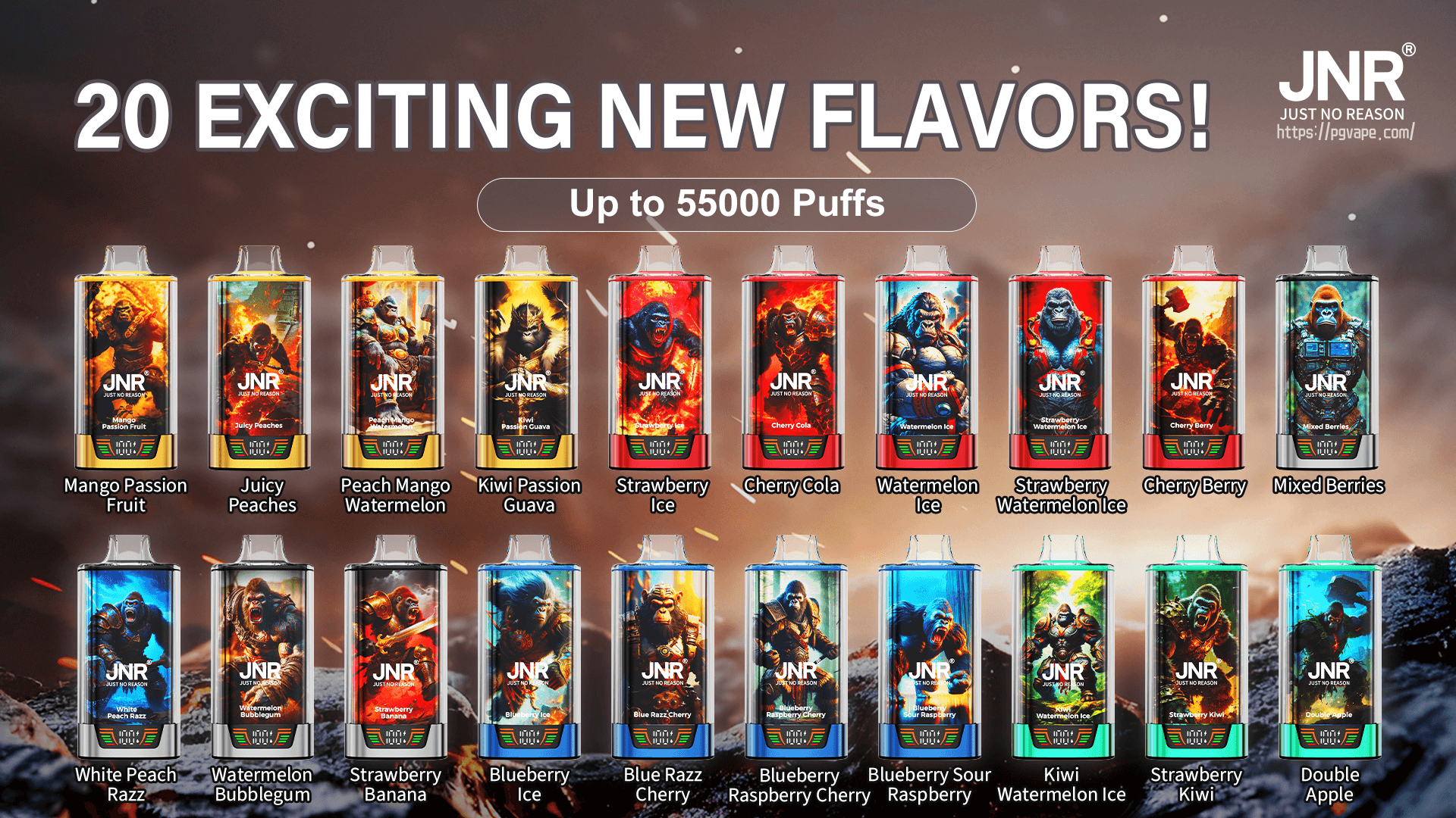 Promotional poster for JNR showing 20 colorful disposable vape devices with gorilla-themed artwork labeled with various fruit and icy flavors under the headline “20 Exciting New Flavors! Up to 55,000 Puffs,” JNR logo and website in the corner against a smoky background.