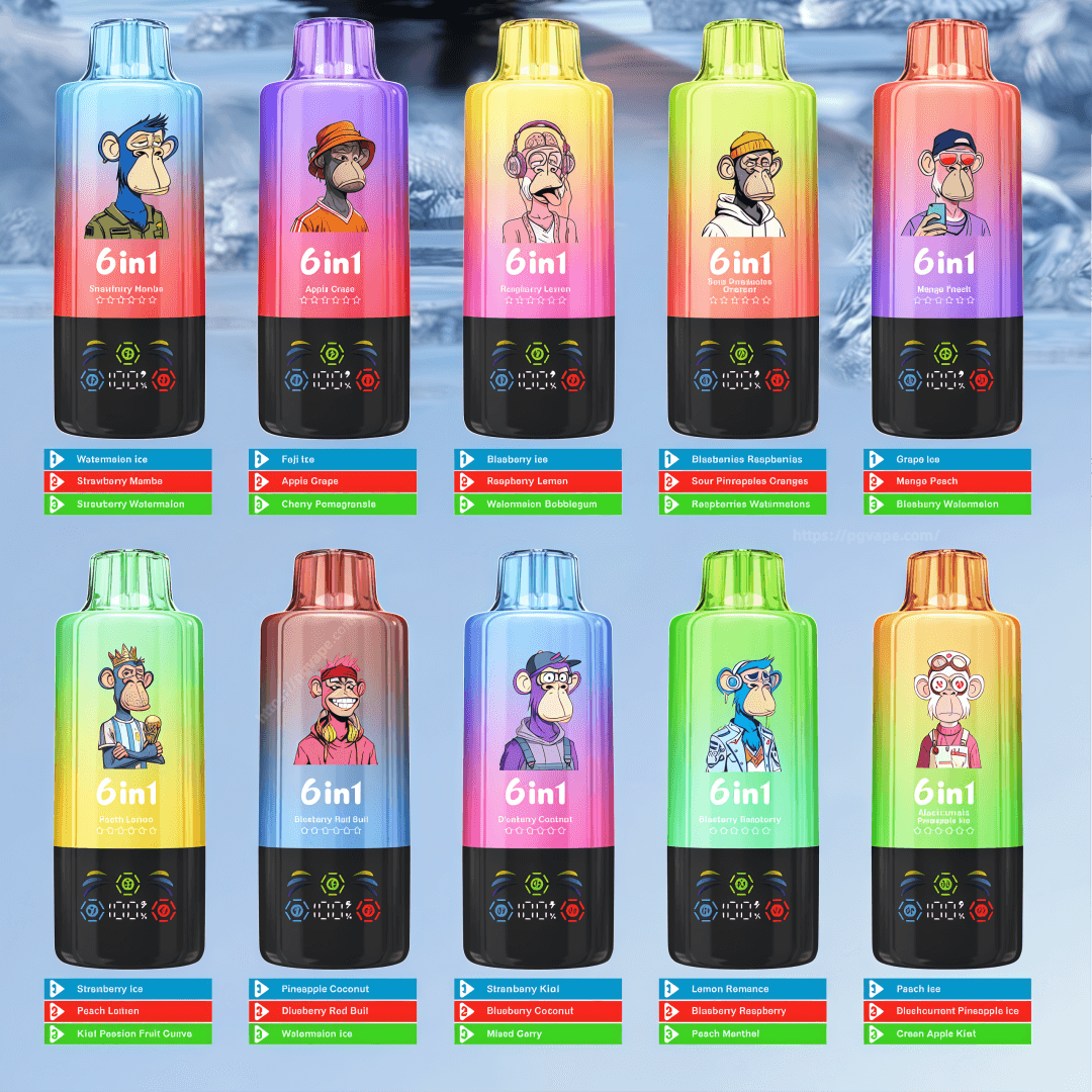 A grid of twelve colorful gradient disposable vape devices labeled “6in1,” each with a cartoon ape illustration, digital display icons and small multi-flavor labels beneath, presented on an icy blue background.