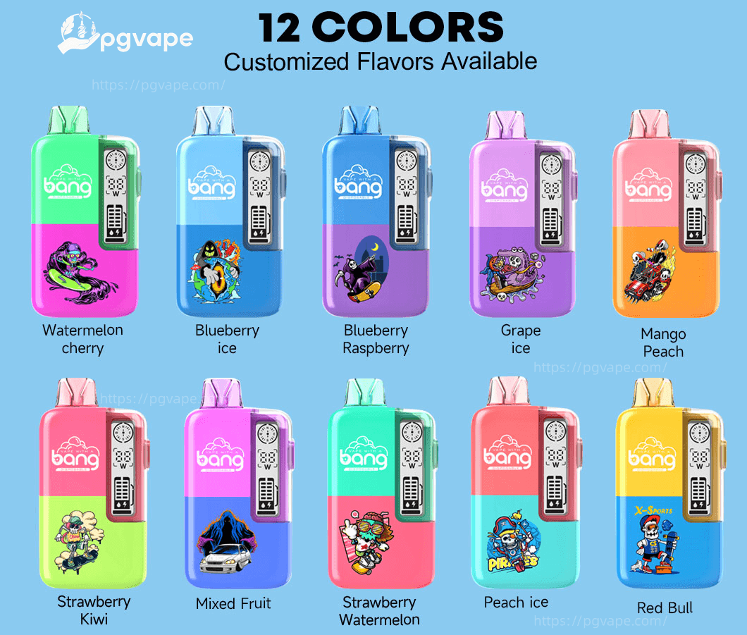 Promotional image with the headline “12 COLORS Customized Flavors Available” showing twelve brightly colored rectangular vape devices arranged in a grid, each with a unique cartoon decal and flavor label (e.g., Watermelon Cherry, Blueberry Ice, Grape Ice, Mango Peach, Strawberry Kiwi, Mixed Fruit, Strawberry Watermelon, Peach Ice, Red Bull) on a light blue background.