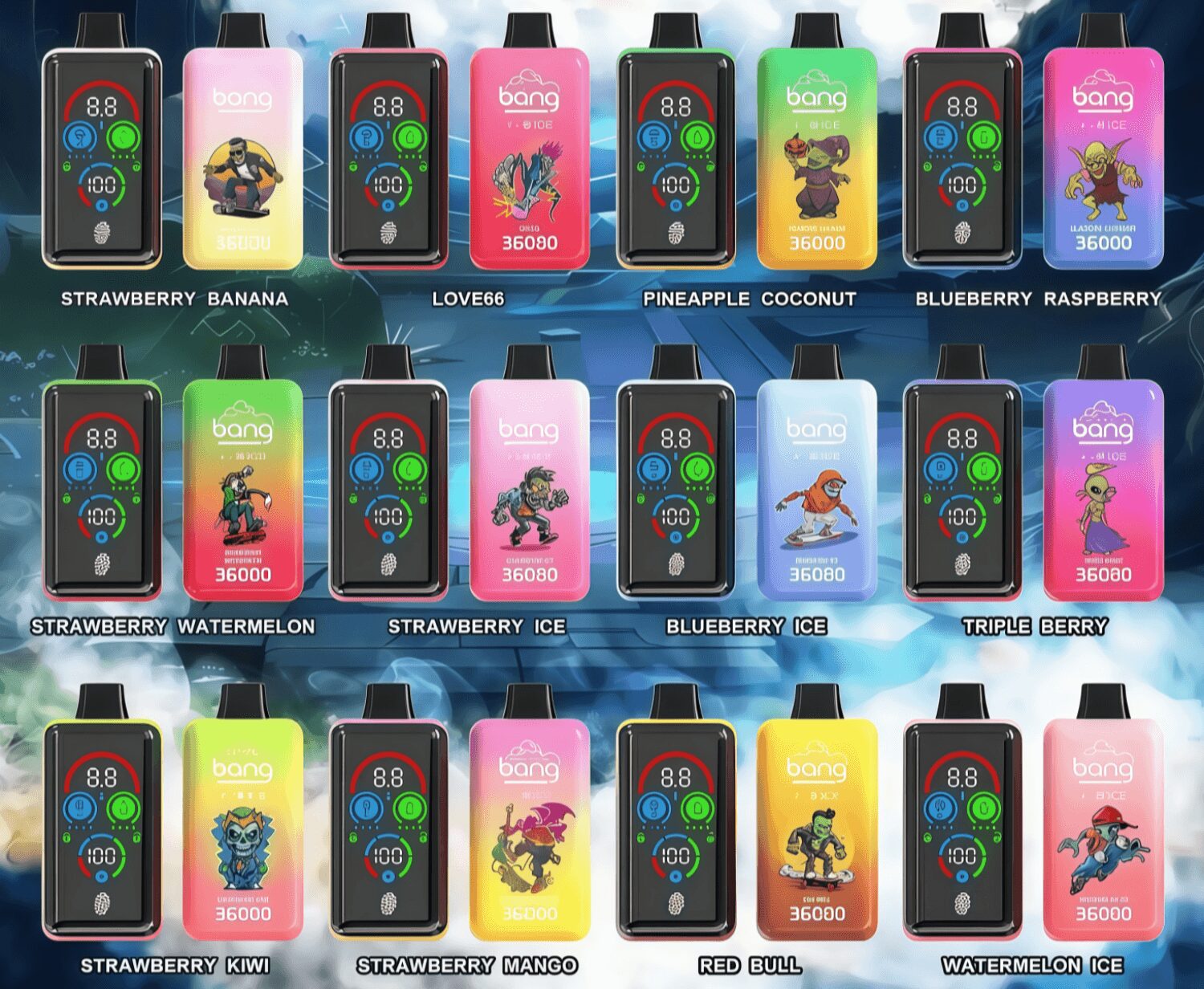 Array of colorful 'Bang' branded disposable vape devices arranged in rows, each with a small digital display, cartoon character artwork and flavor labels like Strawberry Banana, Love66, Pineapple Coconut, Blueberry Raspberry, Strawberry Watermelon, Strawberry Ice, Blueberry Ice, Triple Berry, Strawberry Kiwi, Strawberry Mango, Red Bull and Watermelon Ice against a blue cloudy background.