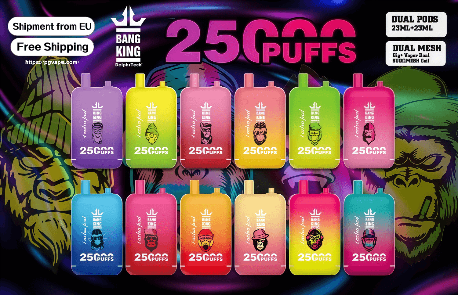 Neon advertisement featuring twelve brightly colored rectangular disposable vape devices in two rows—each branded with a crown logo and marked '25,000 PUFFS'—with a large magenta '25,000 PUFFS' headline, 'Free Shipping' and 'Shipment from EU' badges, and a vivid graffiti-style background.