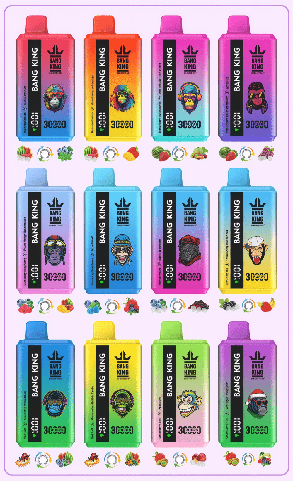 Twelve brightly colored Bang King disposable vape devices arranged in a grid, each with a vertical black branding stripe, a stylized animal or monkey graphic on the front, gradient backgrounds and small fruit icons beneath indicating different flavors.