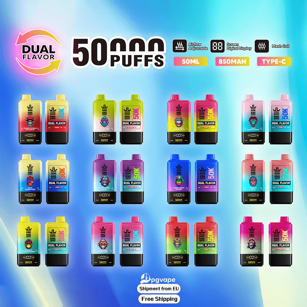 Grid of colorful disposable vape devices shown in paired dual-flavor designs on a blue gradient background with a large “50,000 PUFFS” headline, icons for adjustable airflow, digital screen and mesh coil, labels reading 50ML, 850MAH and TYPE‑C, a Dual Flavor logo, and a small ‘Shipment from EU – Free Shipping’ note.