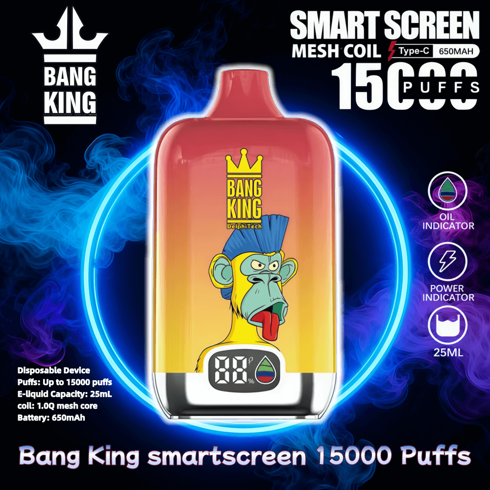 Colorful product advertisement showing a red-to-yellow gradient disposable vape labeled "Bang King" with a cartoon blue-mohawk monkey sticking out its tongue, a small digital battery/percentage display, prominent text reading SMART SCREEN and 15000 PUFFS, and a smoky blue-purple background with icons for oil indicator, power indicator, and 25 mL capacity.