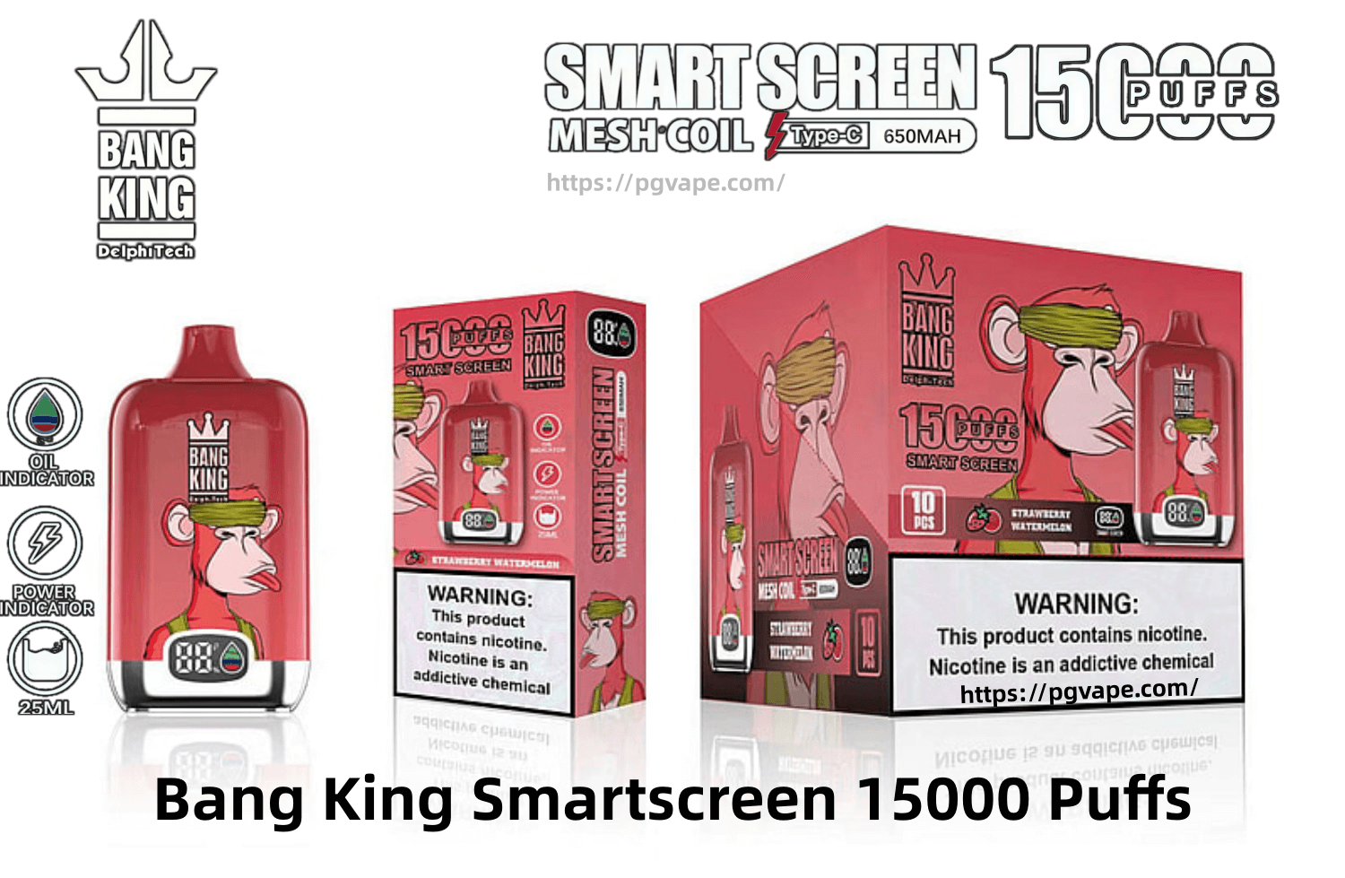 Red Bang King SmartScreen disposable vape device and retail boxes featuring a cartoon bandana-wearing monkey, digital puff counter, '15,000 puffs' branding, 'Strawberry Watermelon' flavor text and a nicotine warning label.
