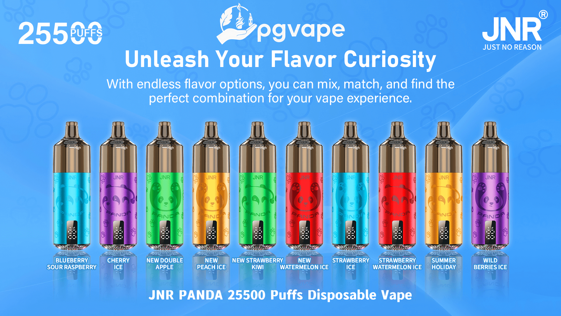 Ten colorful JNR Panda disposable vape devices with metallic tops lined up against a blue background under the headline “Unleash Your Flavor Curiosity” and “25500 PUFFS,” each device labeled with a different flavor (Blueberry Sour Raspberry, Cherry Ice, Double Apple, Peach Ice, Strawberry Kiwi, Watermelon Ice, Strawberry Ice, Strawberry Watermelon Ice, Summer Holiday, Wild Berries Ice).