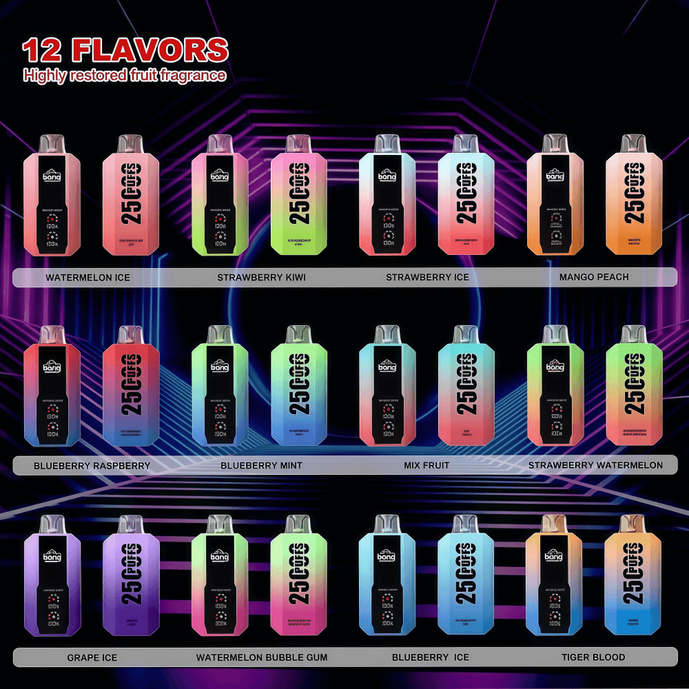 ネオンの幾何学的な背景に 3 列に配置された 12 個のカラフルなグラデーションの使い捨て VAPE デバイスを示すプロモーション ポスター。「12 フレーバー高度に復元されたフルーツの香り」と題され、各デバイスの下にフレーバー名がラベル付けされています: スイカ アイス、ストロベリー キウイ、ストロベリー アイス、マンゴー ピーチ、ブルーベリー ラズベリー、ブルーベリー ミント、ミックス フルーツ、ストロベリー スイカ、グレープ アイス、スイカ バブルガム、ブルーベリー アイス、タイガー ブラッド。.