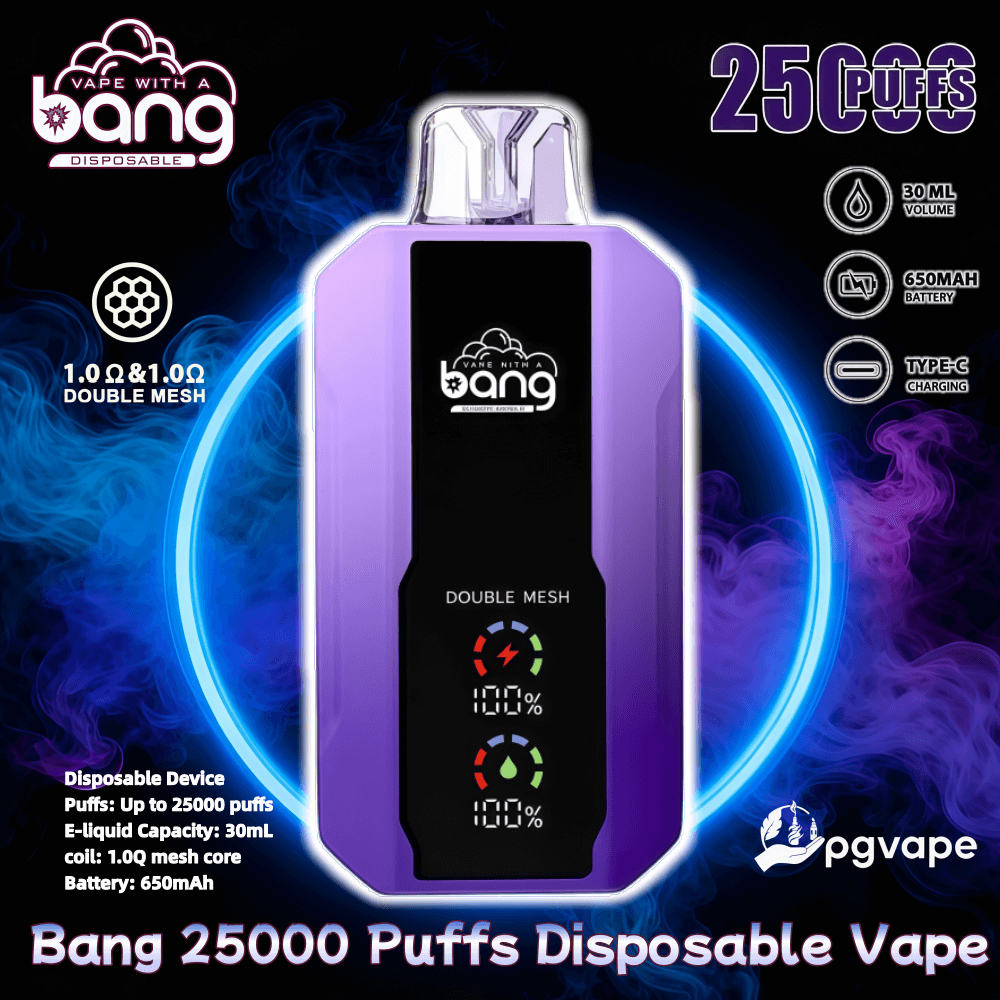 紫色の長方形の Bang 使い捨て電子タバコは、青と紫の煙の背景リングを中心に、Bang のロゴと「ダブル メッシュ」ディスプレイが付いた黒いフロント パネルを示し、周囲のテキストとアイコンで 25,000 パフ、30 mL のリキッド容量、650 mAh バッテリー、Type-C 充電、1.0Ω ダブル メッシュ コイルを宣伝しています。.