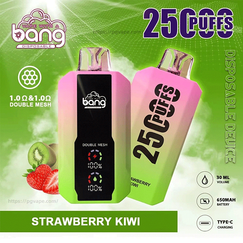 緑のスモーキーな背景に「bang」のブランド名と「25 PUFFS」のラベルが付けられた、ピンクから緑のグラデーションの使い捨て電子タバコ デバイス 2 台。イチゴとキウイのスライスと、容量 30 mL、650 mAh バッテリー、Type-C 充電、「ダブルメッシュ」1.0Ω コイルを示すアイコンが付いています。.