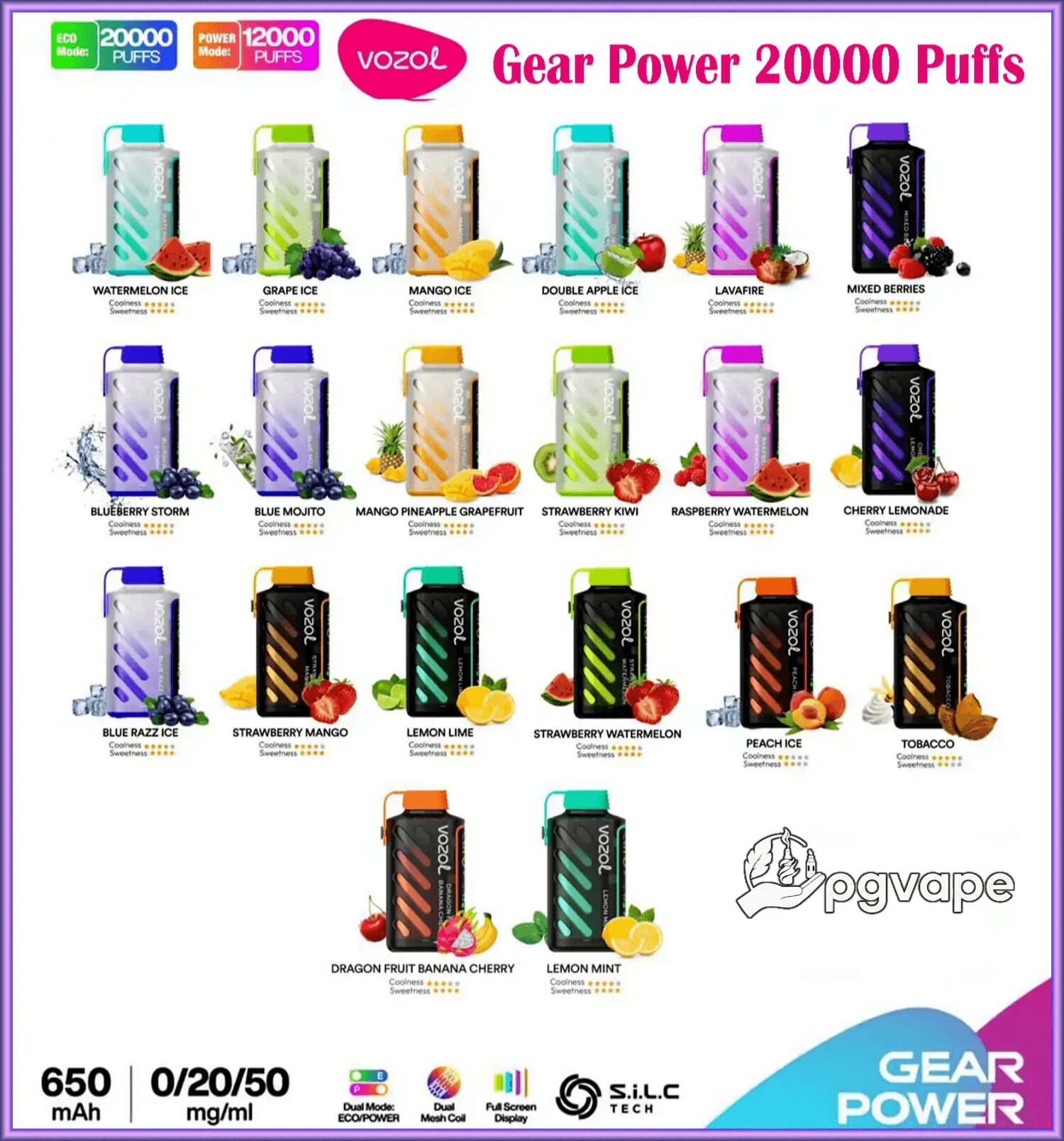 Colorful poster for Vozol 'Gear Power 20000 Puffs' showing 20 disposable vape devices arranged in rows with flavor icons (fruity, ice, mint, tobacco), small notes for ECO/POWER modes, 650 mAh and 0/20/50 mg/ml labels, and brand logos.