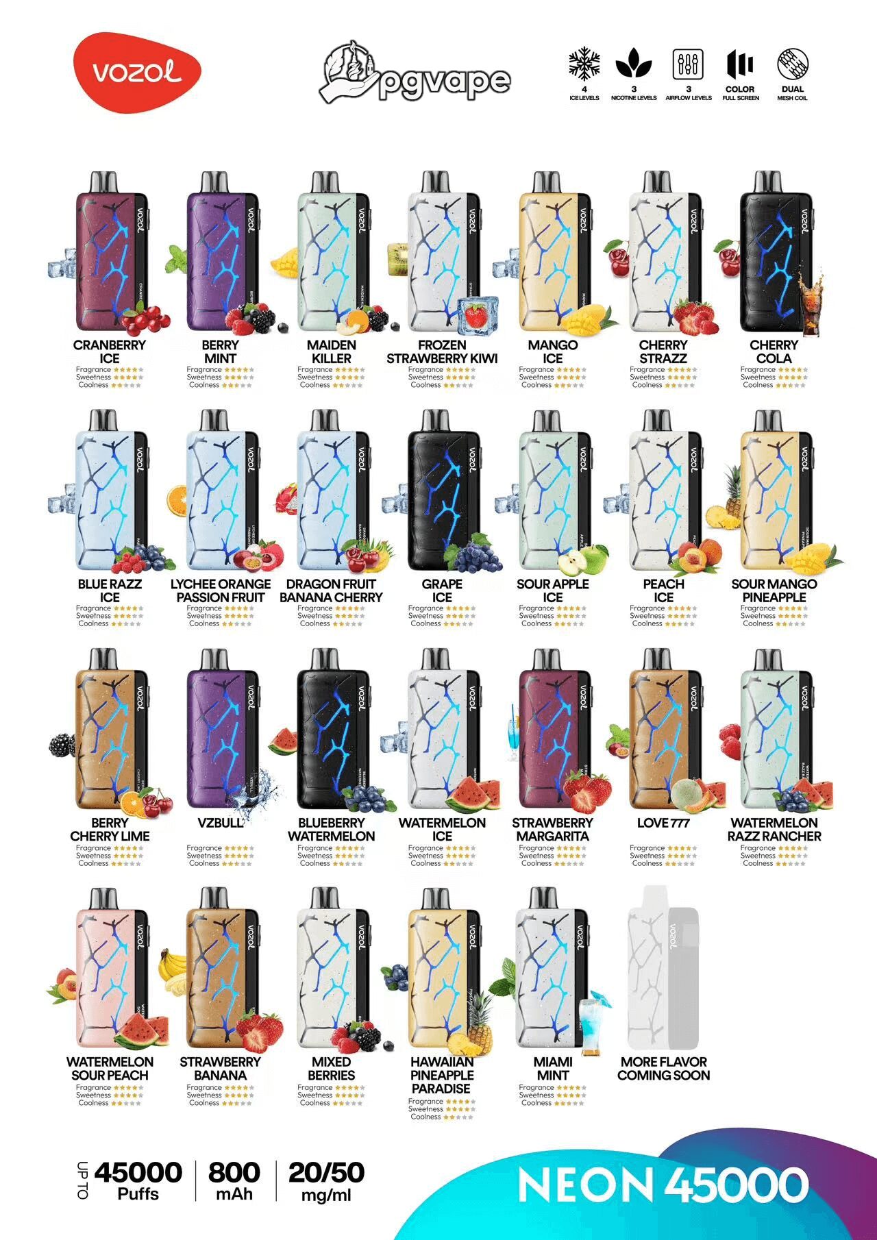 Poster-style grid showing Vozol Neon 45000 disposable vape devices with a cracked-blue-pattern design in multiple colors, each labeled with a fruit or ice flavor (e.g., Cranberry Ice, Berry Mint, Frozen Strawberry Kiwi, Mango Ice, Cherry Cola, Blue Razz Ice, Lychee Orange Passion Fruit, Dragon Fruit Banana Cherry, Grape Ice, Sour Apple, Peach Ice and many others), brand logos at the top and product specs at the bottom (up to 45,000 puffs, 800 mAh, 20/50 mg/ml).