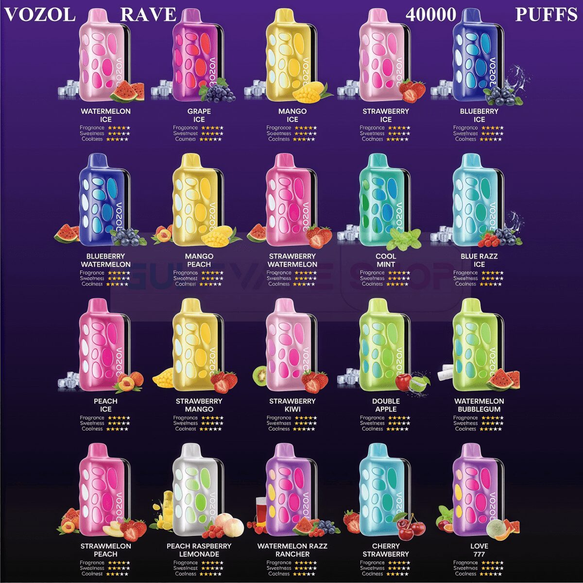 Grid of twenty colorful VOZOL RAVE 40000‑puff disposable vape devices on a purple background, each shown with a flavor name and matching fruit and ice illustrations (watermelon, grape, mango, strawberry, blueberry, peach, kiwi, mint, apple, bubblegum and mixes) plus small star-style ratings beneath each device.