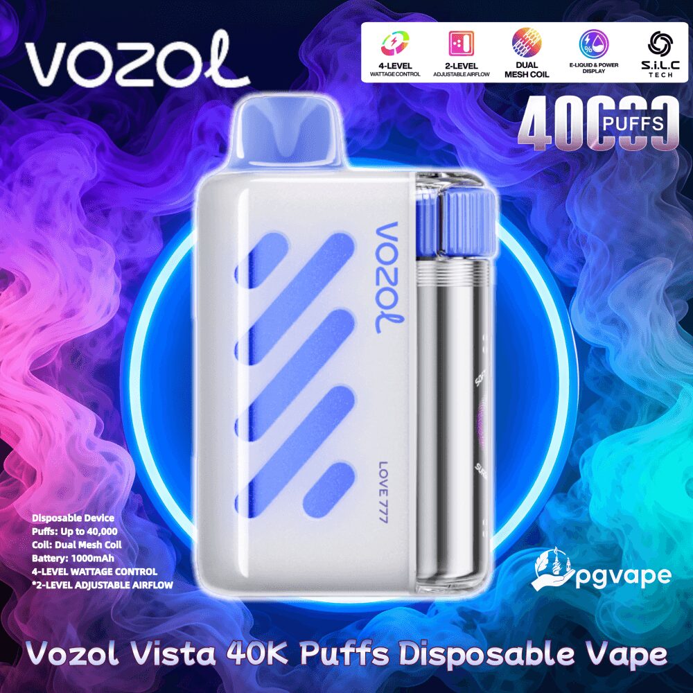 Vit och blå Vozol Vista engångsvape-enhet med en metallisk tvåkammarpatron och blått munstycke mot virvlande lila och blågrön rök, med text och ikoner som indikerar ‘40K-puffar’ och produktegenskaper.