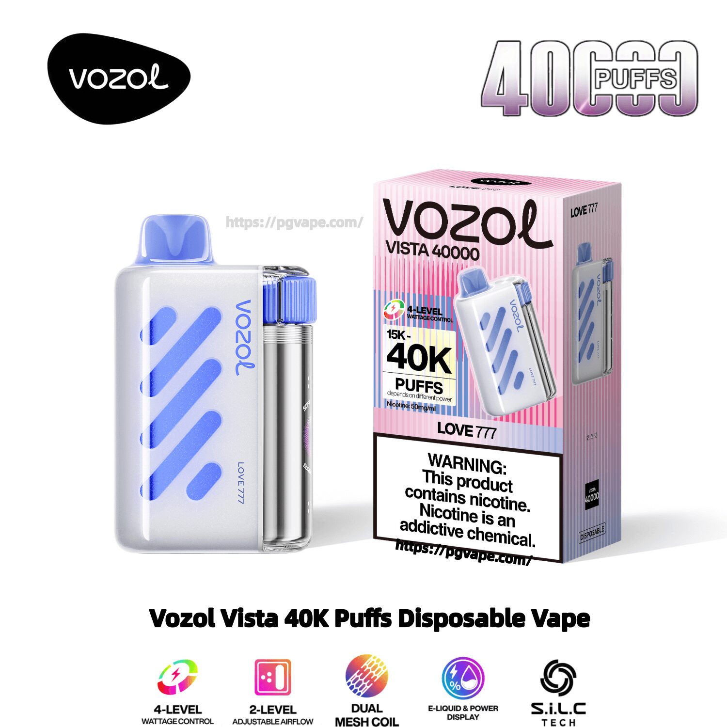 Kompakt vit och blå Vozol Vista engångsvape med ett blått munstycke, diagonala blå ventiler och en genomskinlig silver e-vätskekammare som visas bredvid rosa-randiga förpackningar märkta 'Vozol Vista 40000' och '40K puffar' med en synlig nikotinvarning, på en vit bakgrund.