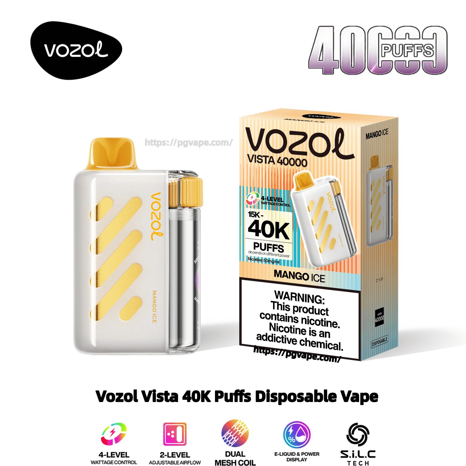 Vit rektangulär Vozol Vista engångsvape med ett gult munstycke, diagonala gula accenter och en genomskinlig e-vätskecylinder bredvid dess Mango Ice-förpackning märkt "40K puffar" och en nikotinvarning.
