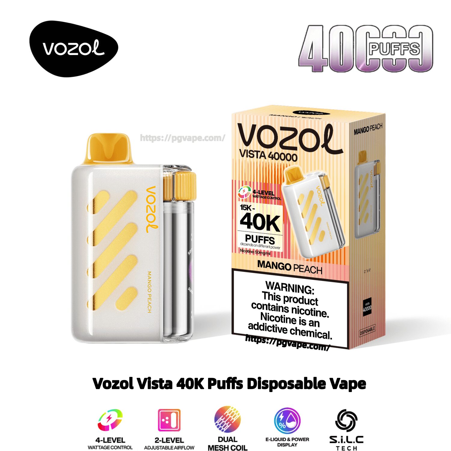 Vit-gul Vozol Vista 40000 engångsvape med ett gult munstycke och ett genomskinligt e-vätskerör som visas bredvid dess Mango Peach-randiga låda märkt 40K-puffar, en nikotinvarning och små funktionsikoner längst ned.