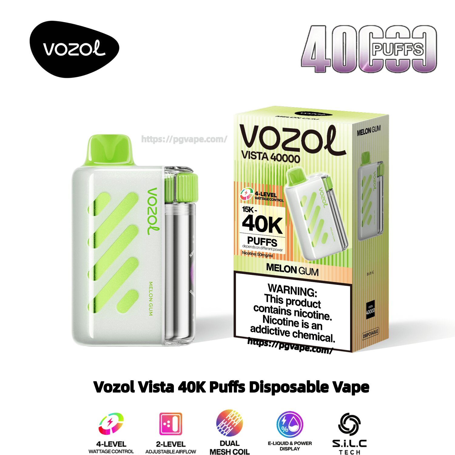 Vit och limegrön Vozol Vista 40000 engångsvape-enhet med ett genomskinligt e-vätskerör och grönt munstycke visas bredvid Melongum-förpackningen märkt "40K puffar" och en nikotinvarning.
