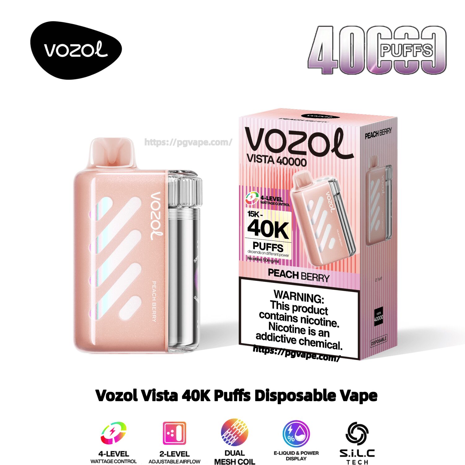 Rosa metallisk Vozol Vista engångsvape med ett genomskinligt cylindriskt munstycke bredvid sin matchande persika-bärslåda märkt 'Vozol Vista 40000' och '40K puffar', inklusive nikotinvarningen.