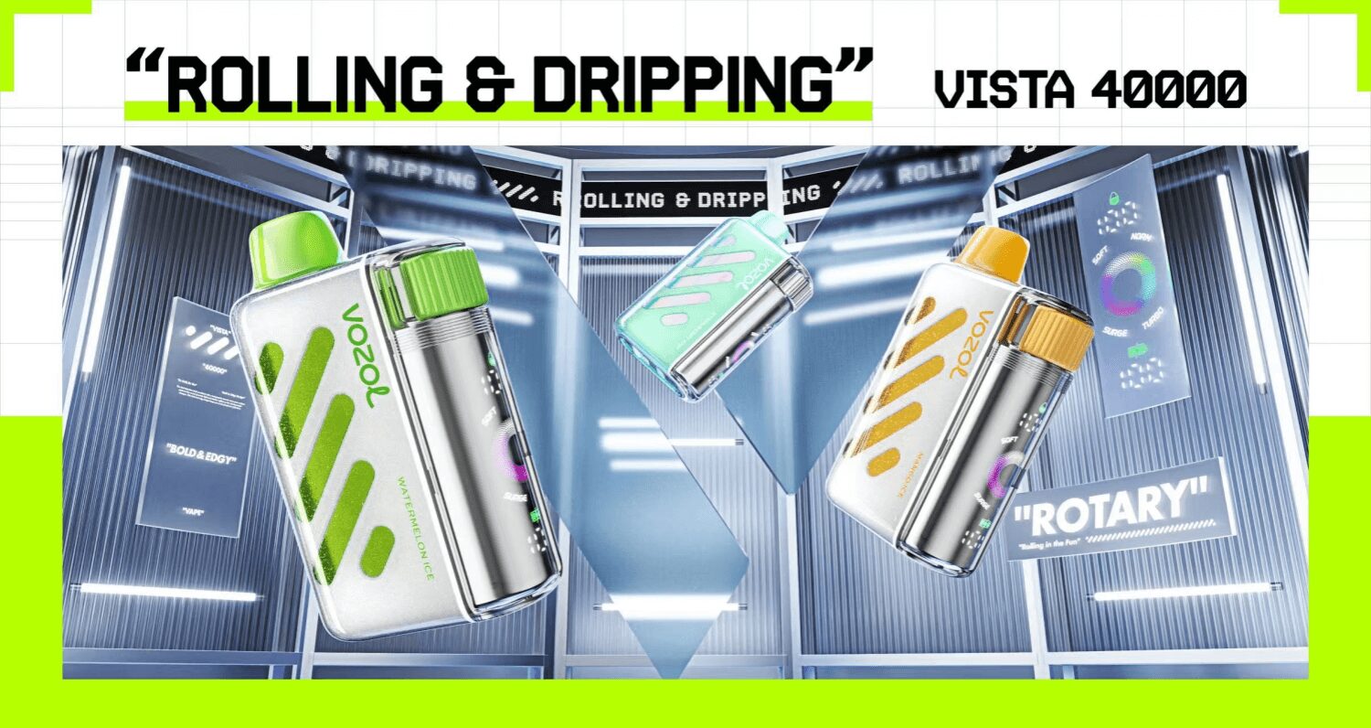 Tre glansiga Vista 40000 vaping-enheter med gröna, blågröna och gula accenter flyter i ett futuristiskt metalliskt utställningsrum under en fet rubrik med texten "ROLLING & DRIPPING" och produktnamnet VISTA 40000.