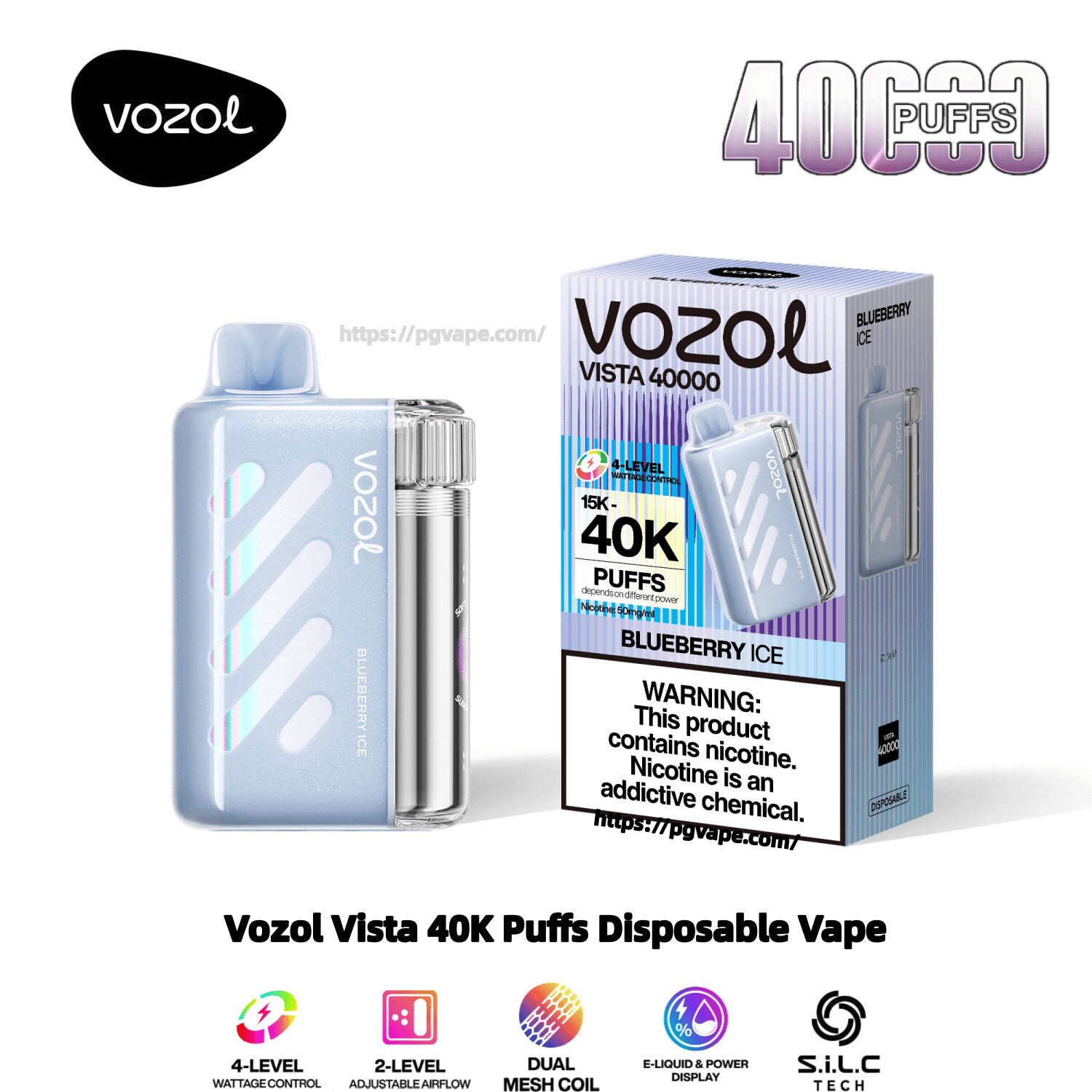 Ljusblå Vozol Vista engångsvape-enhet med en genomskinlig krom-accent patron bredvid sin matchande förpackning märkt VOZOL VISTA 40000 och 40K PUFFS — Blueberry Ice, med en synlig nikotinvarning och varumärkeslogotyp.