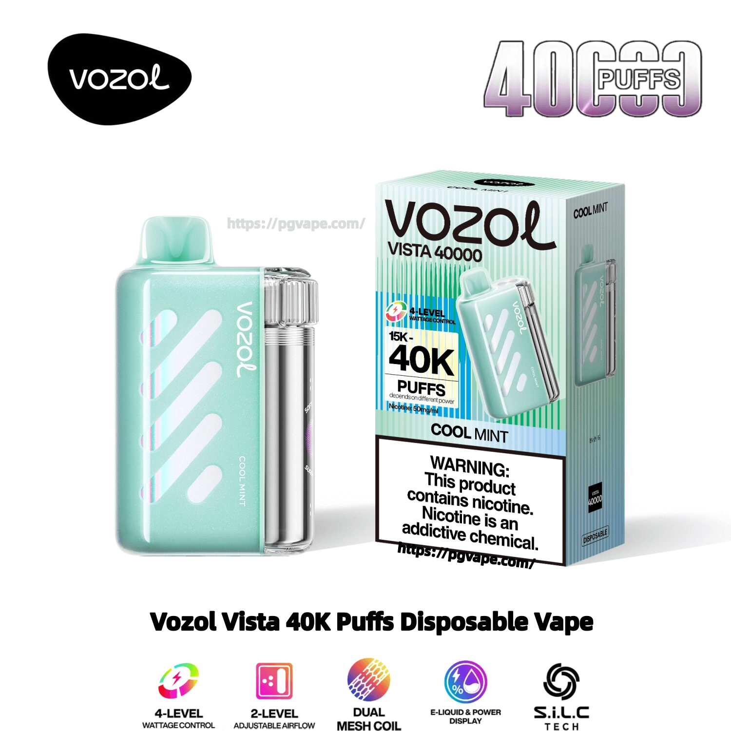 Mintgrön Vozol Vista engångsvape-enhet med en genomskinlig patrondel som visas bredvid dess matchande butikslåda märkt 'Vozol Vista 40000' och '40K puffs – Cool Mint', med varumärkeslogotyp och en framträdande nikotinvarning på förpackningen.