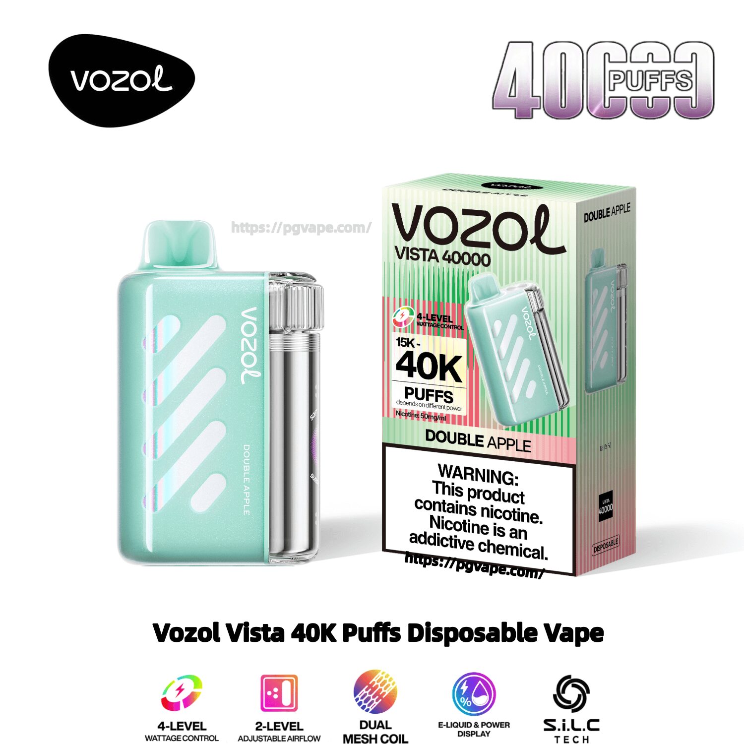 Mintgrön Vozol Vista engångsvape-enhet med en genomskinlig cylindrisk patron bredvid sin matchande låda märkt Vozol Vista 40000, 40K Puffs, Double Apple och en synlig nikotinvarning.