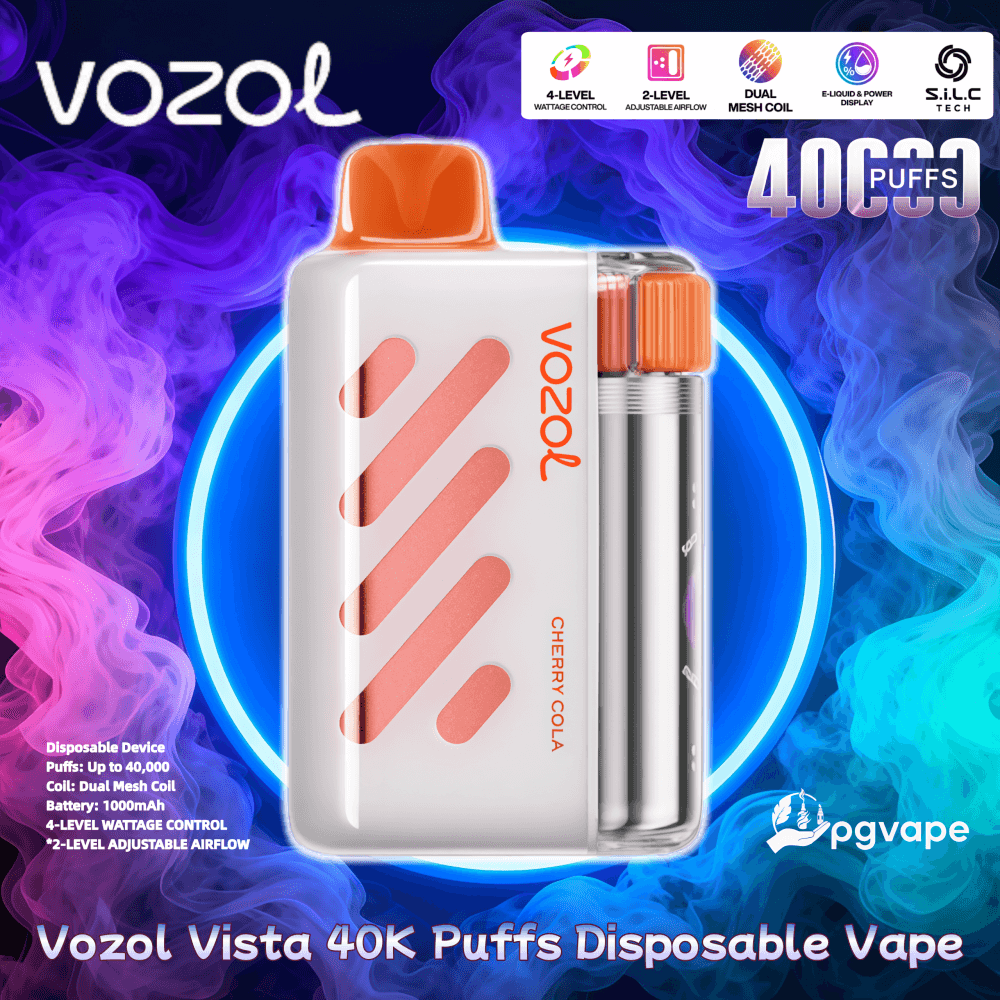 Vit Vozol Vista engångsvape med ett orange munstycke och diagonala rosa ventiler märkta "Cherry Cola", tillsammans med dubbla silverpatroner, inställd mot ett neonblått cirkulärt sken och virvlande lila-blå rök med en framträdande "40 000 puffar"-märke.