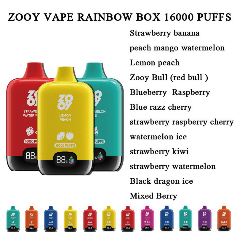 Promotional image titled 'ZOOY VAPE RAINBOW BOX 16000 PUFFS' showing three colorful disposable vape devices (red, yellow, teal) with a small digital puff display, a right-side list of flavor names (including strawberry banana, peach mango watermelon, lemon peach, blueberry raspberry and others), and a row of small colored device icons along the bottom.