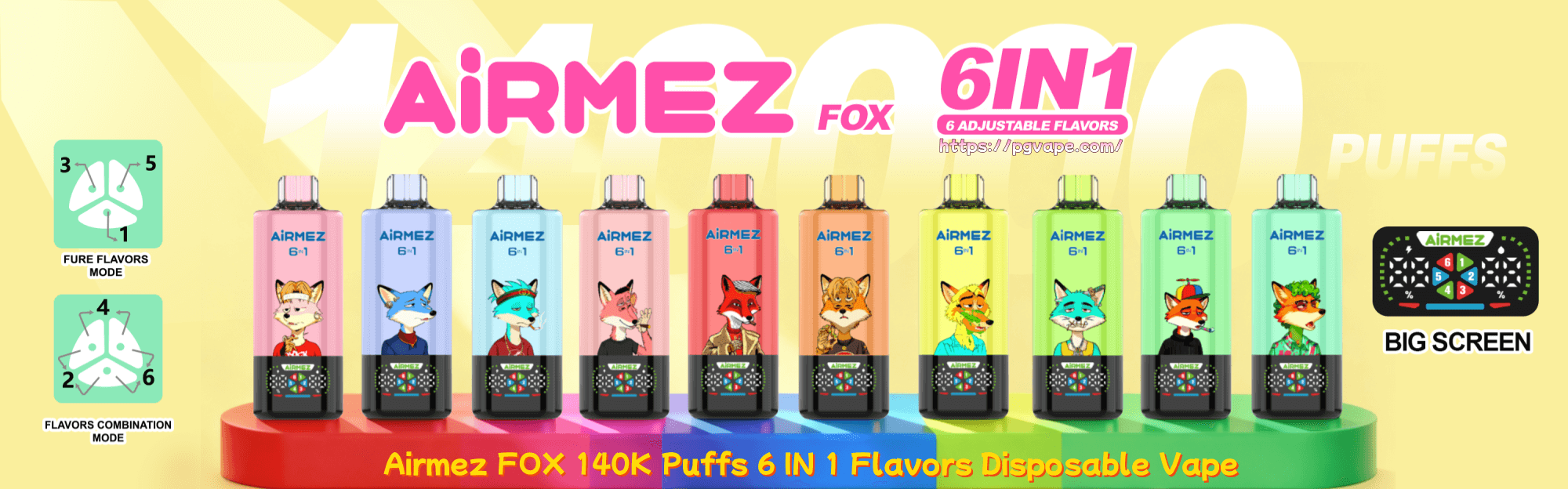 Bright yellow banner featuring Airmez FOX 6‑in‑1 disposable vape bottles in pastel colors lined up, with flavor mode diagrams on the left.