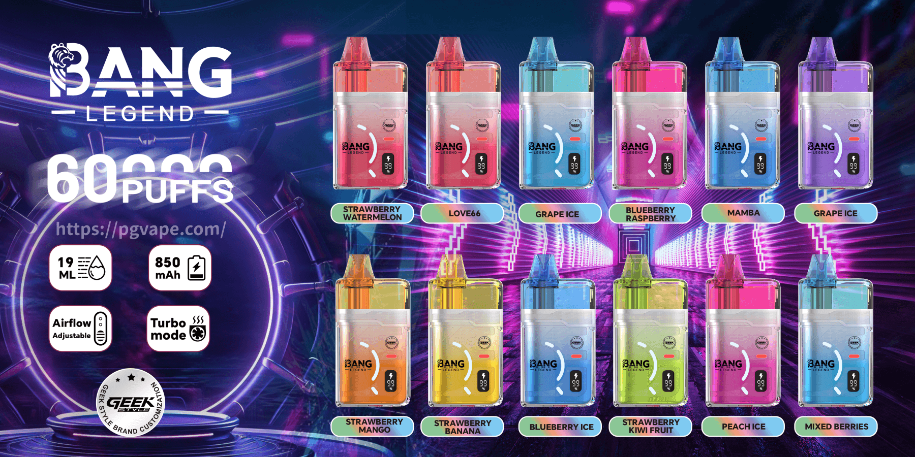 Rows of Bang Legend disposable vape devices in bright colors with flavor labels, set against a neon purple background.