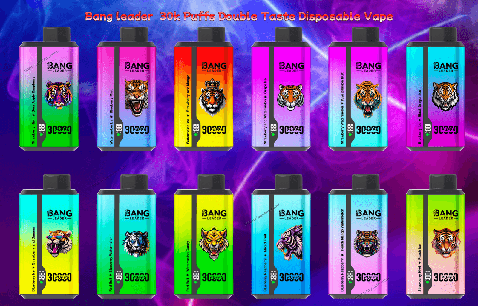 Rangée de douze appareils de vape jetables rectangulaires aux couleurs vives ' Bang Leader ' avec des embouts noirs, chacun portant un logo stylisé à tête de tigre et des noms de saveurs sur des panneaux dégradés vibrants sur un fond violet fumé et le titre ' Bang leader 30k Puffs Double Taste Vape jetable ' sur le dessus.