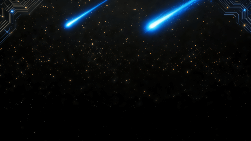 Dark starfield scattered with golden specks, two bright blue comet-like streaks arcing from the top, and glowing blue circuit-pattern accents in the upper corners.