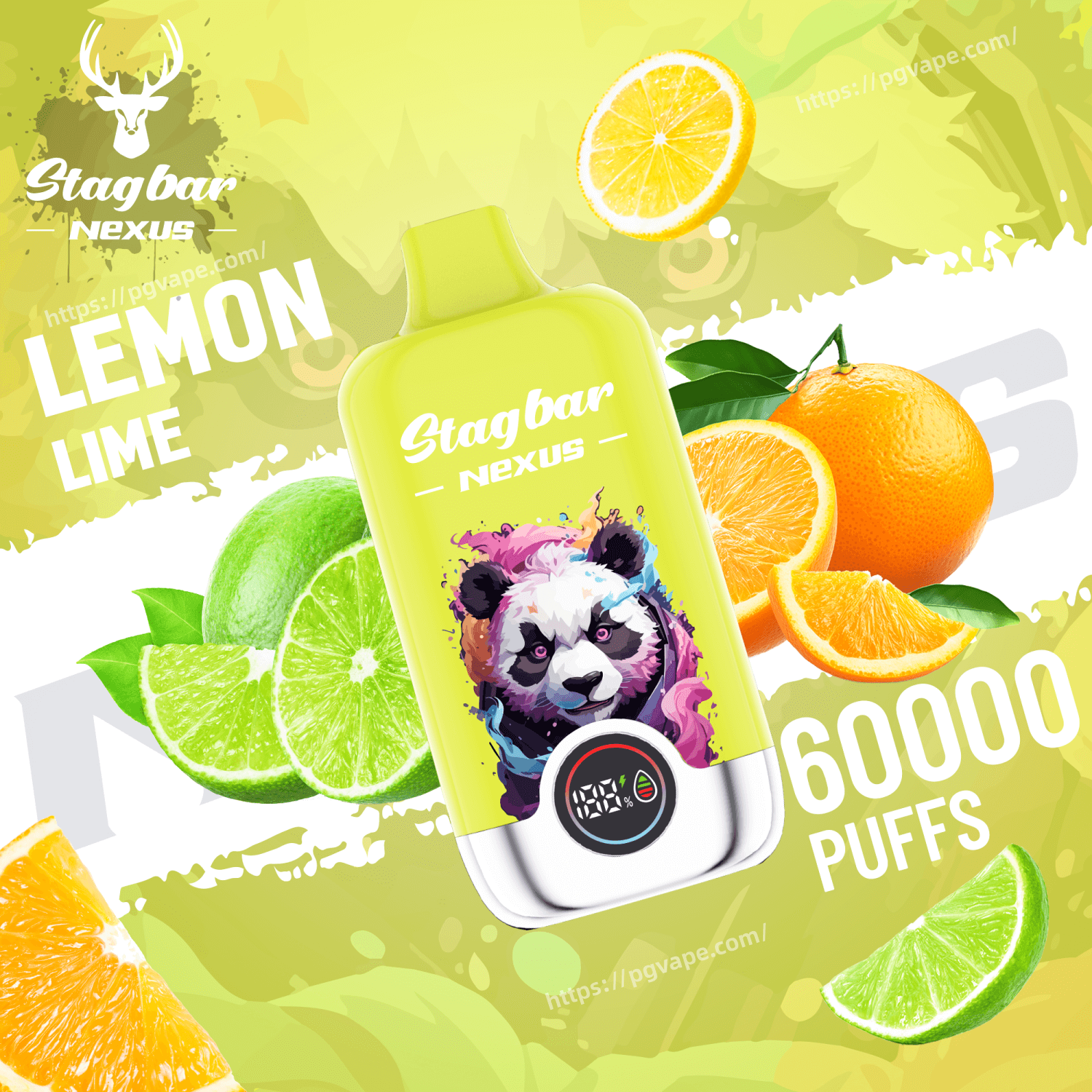 Bright yellow Stagbar Nexus vape bottle with panda artwork, Lemon Lime flavor, surrounded by lemon, lime, and orange slices.