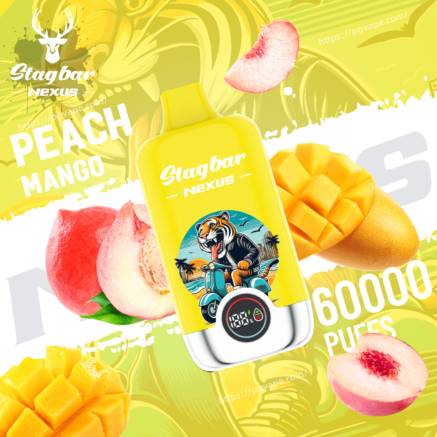 Bright yellow Stagbar Nexus vape bottle with a tiger on a scooter, peaches and mangoes, 6000 puffs.