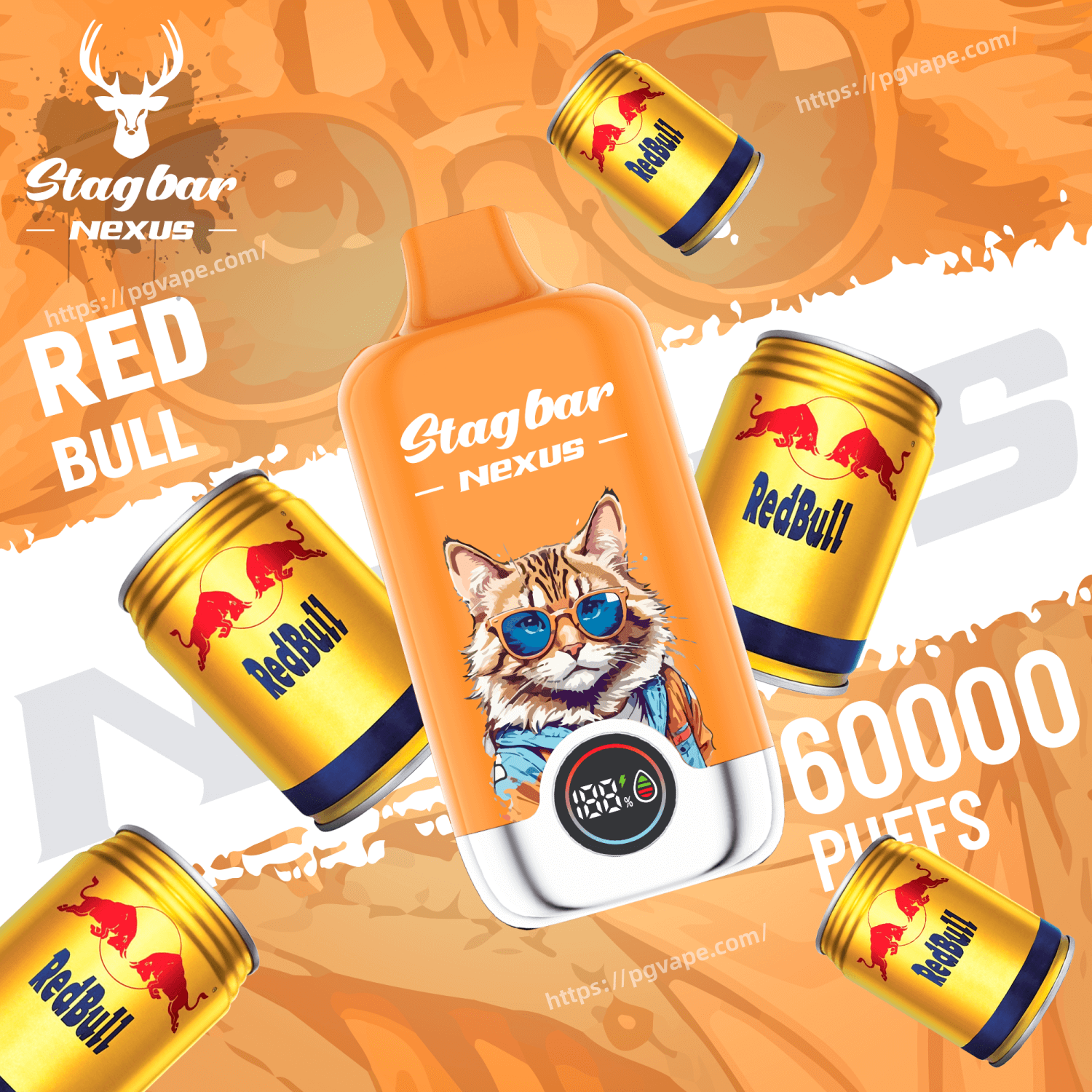 Orange Stagbar Nexus bottle featuring a cat wearing blue sunglasses, with Red Bull cans around it on an orange background.